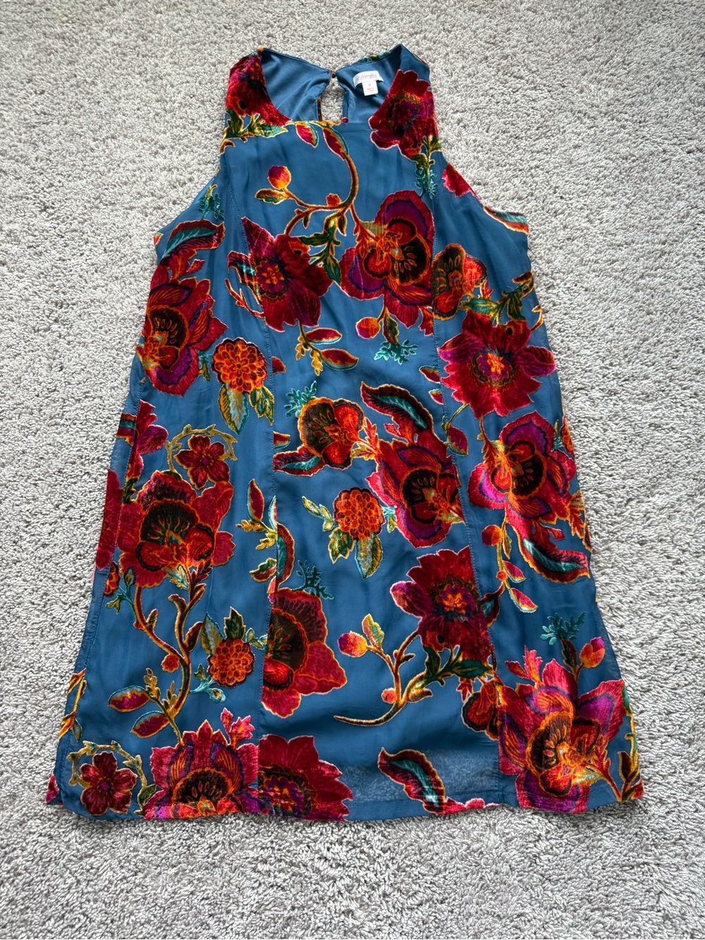 Xhilaration Blue Floral Velvet Burnout Dress with Red and Orange Flowers